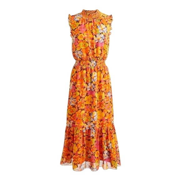 J. Crew Dresses & Skirts - J Crew Smocked Waist Ruffle Sleeveless Maxi Flowy Orange Sunset Floral XXL NWOT
